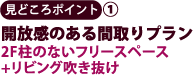 見どころポイント1　開放感のある間取りプラン　2F柱のないフリースペース＋リビング吹抜け